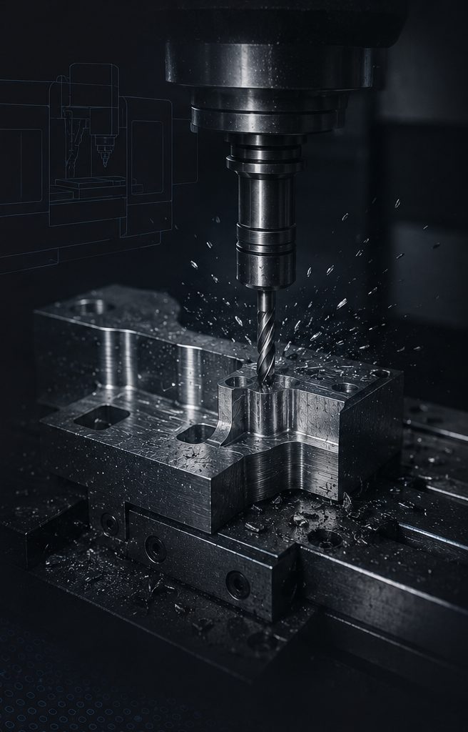 Teknik çizim üzerine bindirilmiş CNC işleme sahnesi